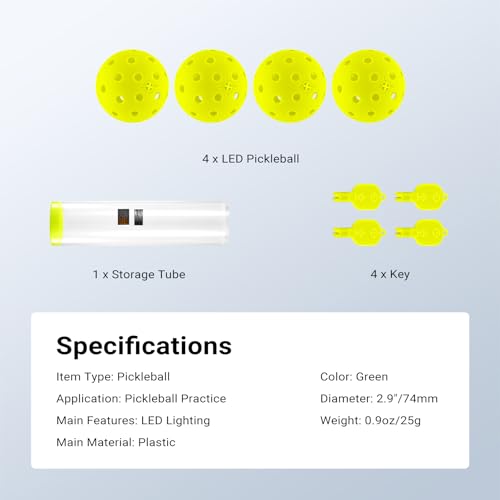 NEEWER PB02 LED Pickleball Set, Light Up Glow in The Dark Pickle Balls Accessories with Storage Tube for Nighttime Outdoor Pickleball Training & Practice, 4 Packs