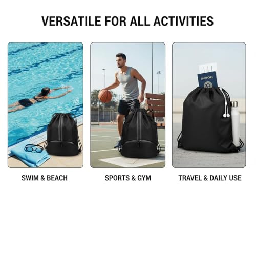 Drawstring Backpack Gym Bag with Shoes Compartment for Soccer, Basketball, Swim, Water-Resistant String Backpack Beach Cinch for Women Men