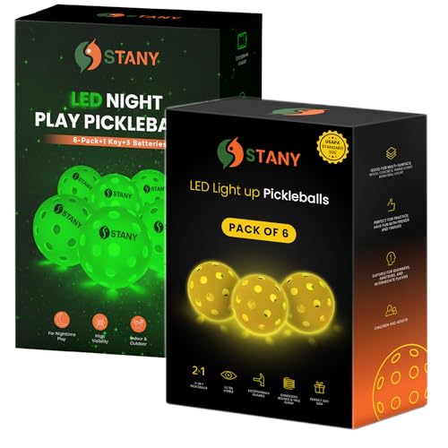 STANY Night Play Pickleball Balls (Updated 2026 Model)– LED Pickleball, Glow in the Dark, Lighted, USAPA Size, 40-Hole, Indoor/Outdoor, Beginner/Competitive, Gift, Green, 6 Pack, 3 Extra Batteries