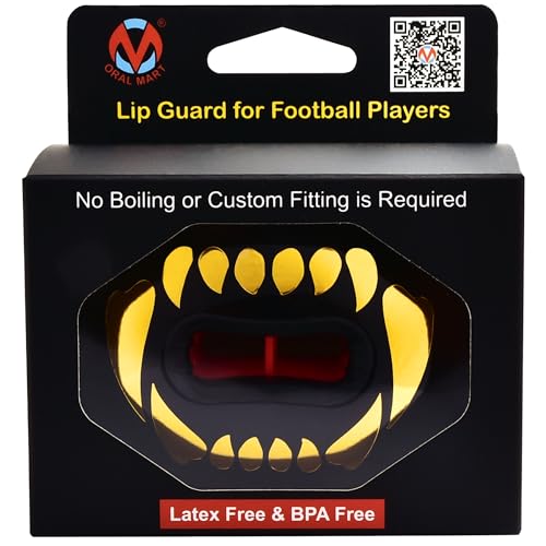Oral Mart Flag Football Mouth Guard with 3D LipFit Design for Kids - Youth Football Mouthguard (No Boil) Cool Instant Fit Lip Guard Mouthpiece for Braces (Detachable Helmet Strap Included) - color: Golden Fangs
