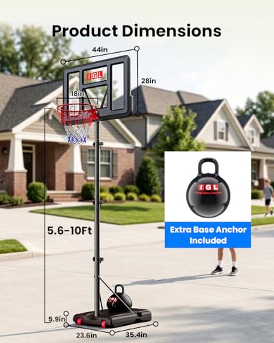 IGL 44" Portable Basketball Hoop Outdoor, 5.6-10FT Adjustable Height, Shatterproof PC Backboard, Fillable Base & Ball Weight - Basketball Goal for Backyard Driveway, Fun for Kids Teens Adults Family