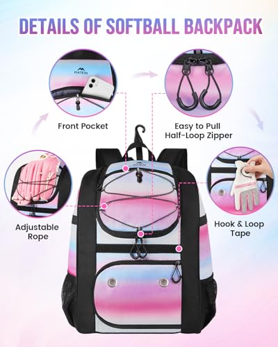 MATEIN Softball Bag, Lightweight Baseball Backpack with Shoe Compartment, Baseball Bag with Fence Hook for TBall Bat & Equipment, Softball Gifts Catchers Backpack for Women Fit Catcher’s Mitt, Helmet - color: Pink