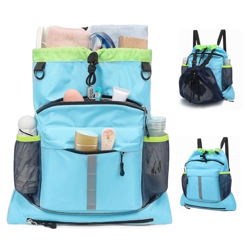 Drawstring Backpack, Waterproof Sandproof Beach Backpack for Sport Gear Small Gym Bag with Hidden Ball Net Pocket and Seperated Wet Pocket Draw String Back Bag for Women Men, Blue - color: Blue