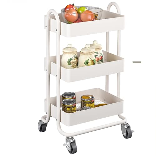 Metal Rolling Cart,3-Tier Metal Rolling Cart with Wheels,3 Tier Utility Cart with Wheels for Office,Home,Kitchen,Garden๏ผ13.4"x18.1"x31"๏ผ White - color: White, size: 31"H