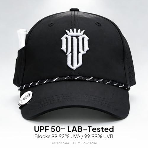 NJF Golf Hat Men - Breathable Mens Golf Hats, Adjustable Rope Hook and Loop Style Cap, Convenient Cap with Tee Holder - color: Black