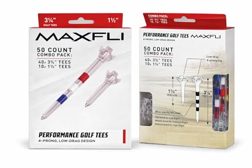 Maxfli USA Performance Golf Tees, 50 Count Combo Pack Tees, Low Drag Design