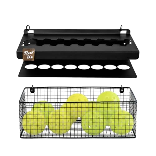 MyGift Premium Metal Pickleball Paddle Rack with Ball Basket & Magnetic Next Up Marker – Wall Mounted or Fence Hanging Pickleball Organizer, Holds up to 8 Paddles – Indoor & Outdoor Court Storage