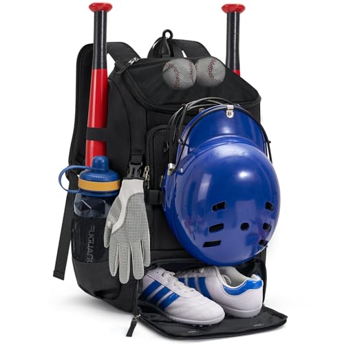 RAINSMORE Baseball Bag for Youth & Adult 40L Large Softball Bag Lightweight Baseball Backpack with Helmet Holder, Shoe Compartment, Fence Hook Waterproof Bat Bag for Baseball Softball Tball Equipment - color: Black