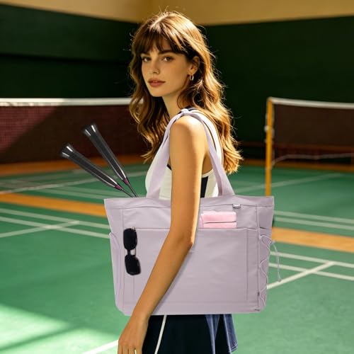 Tennis Gym Bag for Women, Tennis Tote Bag with Shoe Compartment & Wet Pocket, Tennis Racket Bag Holds 2-4 Rackets, Weekend Bag with Laptop Compartment for Men & Women - color: Purple