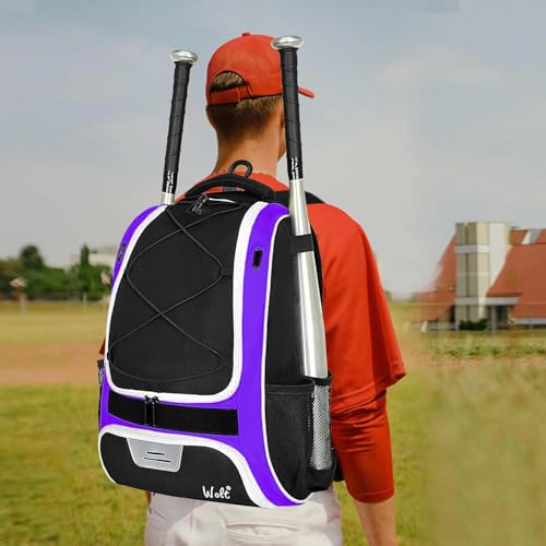 WOLT Youth Baseball Bag - Bat Backpack for Baseball, T-Ball & Softball Equipment & Gear, Bat & Glove Holder, Large Main Compartment for Helmet & accessories, Separate Shoes Compartment, Fence Hook - color: purple