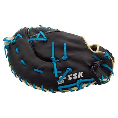 SSK Z5 Craftsman Baseball First Base Mitt – 12” – 12.25” – 12.5” – 13" – Right & Left Hand Throw - color: Black/Camel/Electric Blue, size: 13" - Right Hand Throw