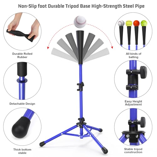 BaseGoal Batting Tee Baseball Tee,Softball Travel Portable Tee Tripod Stand Rubber Tee for Batting Training Practice with Carrying Bag - color: Blue, style: Tee