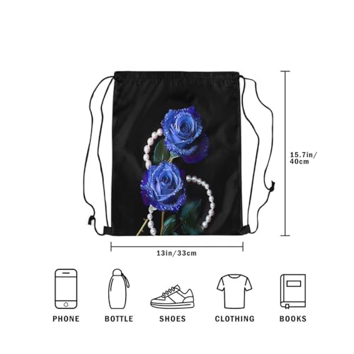 Castle Fairy Rose Flower Drawstring Backpack,Luxury Pearls Jewels Waterproof Sports Gym Bag,Princess Style Large Capacity for Travelling,Swimming,Beach,Black Blue - color: Black Blue