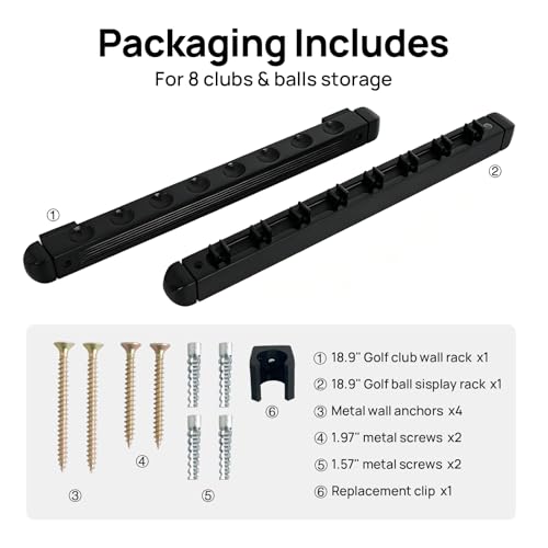 Wall-Mounted Golf Club Holder with Golf Ball Display Holder, 8 Clips Wooden Club Rack for Golfers & Collectors, Ideal Golf Accessories for Simulator, Garage, and Sports Room Wall Display