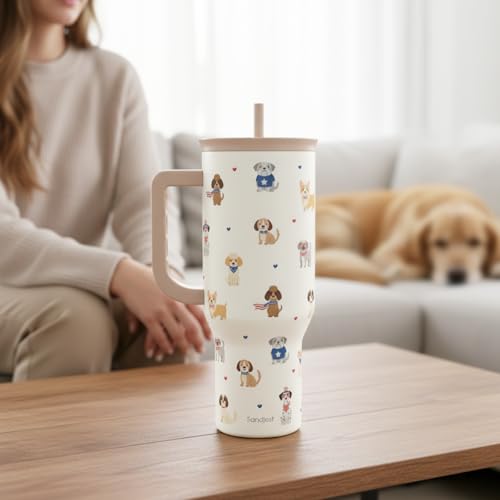 SANDJEST Dogs 40oz Tumbler with Handle and Straw, Insulated Stainless Steel Travel Coffee Mug for Women Girls Dog Lovers Dog Mom, Gift Idea for Birthday Christmas Mothers Day - color: Dog 1