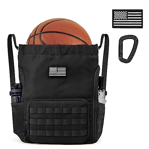 G4Free Drawstring Backpack Gym Backpack Soccer Basketball Bag with Shoes Compartment Tactical Water-Resistant String Sports Bag for Men Women(Black)