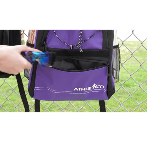 Athletico Youth Baseball Bag - Bat Backpack for Baseball, T-Ball & Softball Equipment & Gear | Holds Bat, Helmet, Glove | Fence Hook - color: Purple