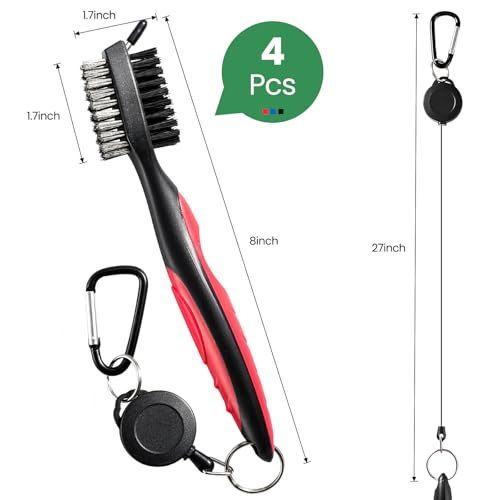 POIKSHARK Golf Club Brush and Club Groove Cleaner with Retractable Zip-line and Aluminum Carabiner Cleaning Tools - color: 4 Pack-Black/Red/Blue/Green