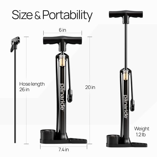 Bike Pump Floor, Advanced Bike Tire Inflator, Bicycle Hand Air Pump with Dual Presta and Schrader Valves, Handheld Pump, Suitable for Road and Mountain Bikes, Baby Stroller, Balls