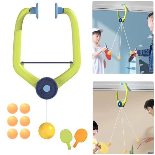 Hanging Table Tennis Trainer with Doorway Clip Ping Pong Paddles Rackets and 6 Balls Table Tennis Training Set No Table Game for Kids Indoor Sports Door Frames Attachement Hit Shot Practice