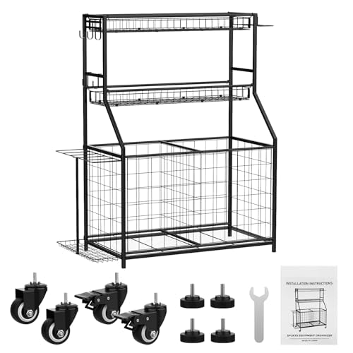 Sports Equipment Organizer, Garage Ball Storage Rack with Removable Baskets, Hooks & Bat Rack, Rolling Sports Gear Storage Cart with Lockable Wheels for Garage, Toys, Gym, School