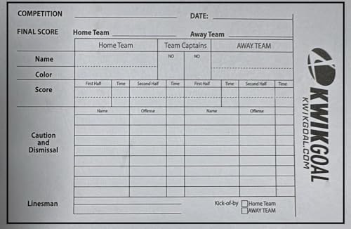 Score Card for Kwik Goal Soccer Coach Referee Gear Score Sheets