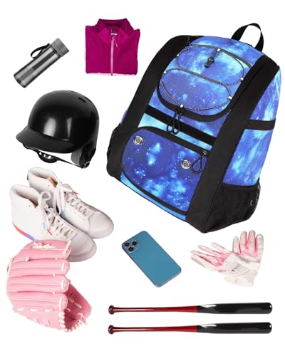 MATEIN Softball Bag, Lightweight Baseball Backpack with Shoe Compartment, Baseball Bag with Fence Hook for TBall Bat & Equipment, Softball Gifts Catchers Backpack for Women Fit Catcher’s Mitt, Helmet - color: Galaxy Blue - Large