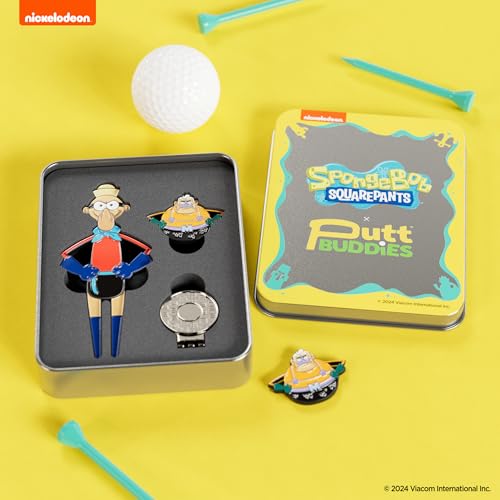 Spongebob Squarepants Mermaid Man & Barnacle Boy Divot Tool and Ball Marker โ Magnetic Collectible Golf Gift Set with Hat Clip & Tin for Golfers