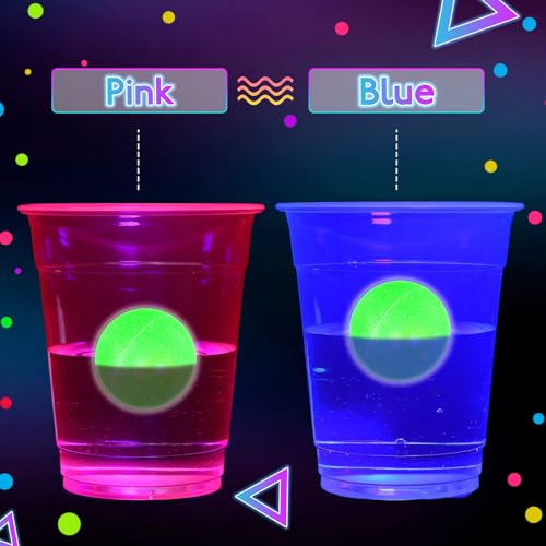 32 Pcs Glow in The Dark Party Table Tennis Game Set Include 24 Pcs Glowing Plastic Cups and 8 Balls for Indoor Outdoor Party Event Birthdays Weddings BBQ Parties - color: Blue and Pink