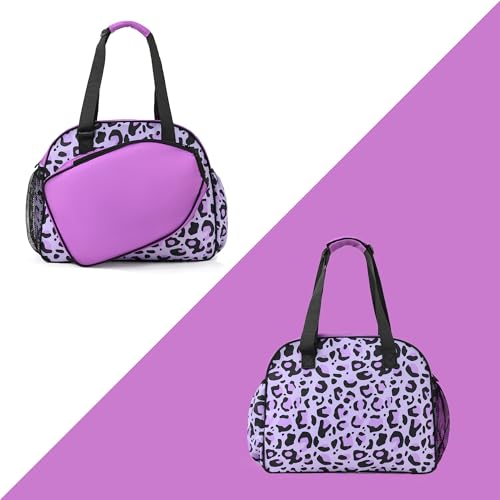 Boulder Bee Pickleball Bags, Premium Pickleball Tote Bag for Girls, Women’s Hand/Shoulder Gym Bag w Water Bottle Holder, with Pickleball Racquet/Paddle Holder - color: Leopard print-purple