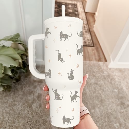 Gift for Cat Lovers Cat Mom – 40oz Stainless Steel Tumbler with Handle and Straw - Travel Coffee Mug for Women, Gift for Birthday, Christmas - color: Cat