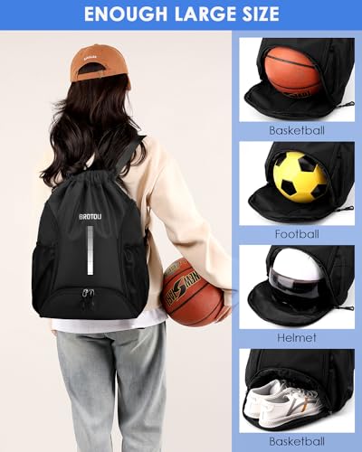 BROTOU Soccer Drawstring Backpack, Basketball Bag, Volleyball Football Bags with Ball and Shoe Compartment - color: Black