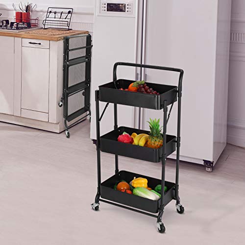 Foldable 3 Tier Metal Utility Rolling Cart, Folding Mobile Multi-Function Storage Trolley Organizer Cart for Home Library Office(Black) - color: Black