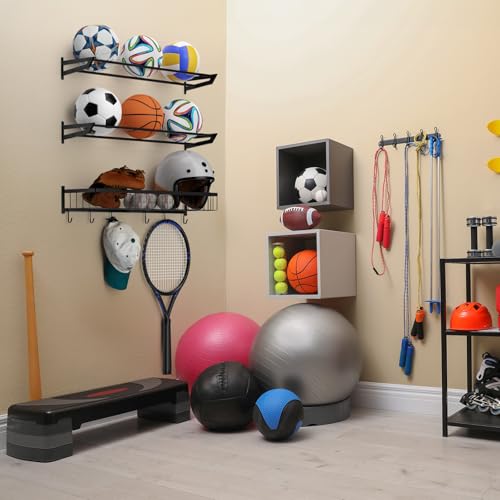 BTY Ball Holder Wall Mount Garage Sports Equipment Organizer 3 Separate Wall Ball Storage Rack with 6 Hooks for Basketball Football Soccer Volleyball