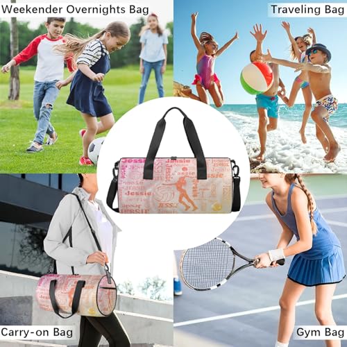 Custom Volleyball Sport Bags Personalized Sports Gym Bag with Name Overnight Weekender Duffel Bag Customized Gifts for Women Men, Orange Glitter