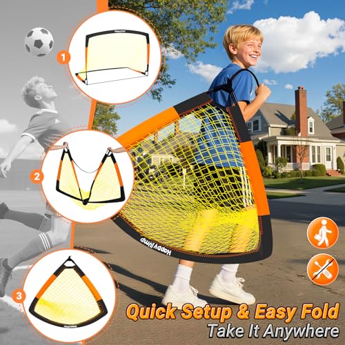Happy Jump 7x5' & 5x3.6' Portable Soccer Goals for Kids Ages 6-14, Weatherproof Net and Steel Frame for Backyard Fun and Outdoor Training, Quick Setup and Sturdy for All Weather Conditions - style: 7x5 FT, 2 Set Upgrade