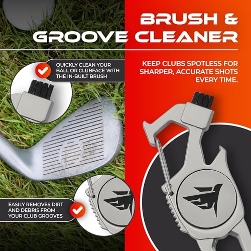 SWIFTEE Golf Divot Pitch Mark Repair Tool 7-in-1 - Club Holder, Brush, Clip Buckle, Groove Cleaner, Bottle Opener, Ball Marker, Divot Tool - Gift Box Included - color: Pearl Silver