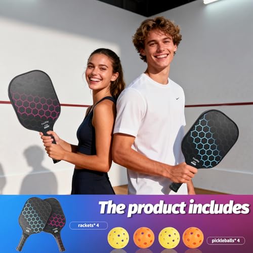 Fiberglass Pickleball Paddles Set of 2 with Balls and Bag - 4 Premium Indoor/Outdoor Pickleballs, Portable Carry Case, Durable Paddles for Men, Women, Beginners & All Skill Levels