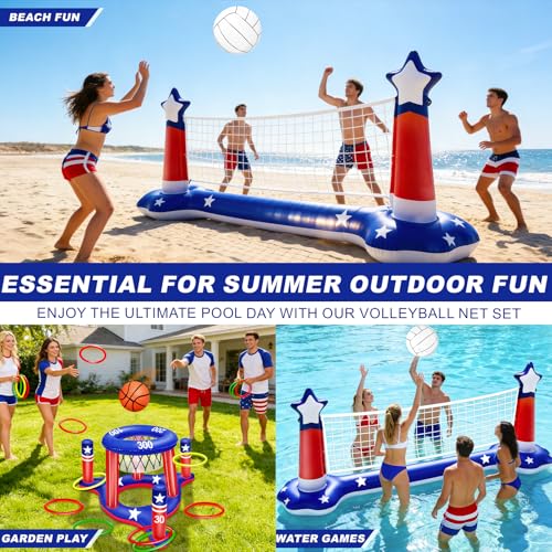 4th of July Pool Games Set, Volleyball Net & Basketball Hoop & Ring Toss, 250th Anniversary 3-in-1 Large Inflatable Water Sport Game Toys for Multi-Player Adults American Flag Swimming Summer Party