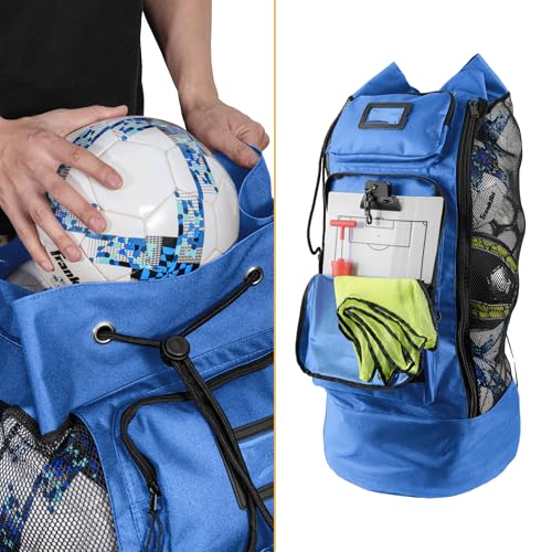 Fitdom Heavy Duty XL Soccer Mesh Equipment Ball Bag w/Adjustable Backpack Shoulder Strap Design for Coach. 2 Different Size Front Pockets for Sporting Accessories.