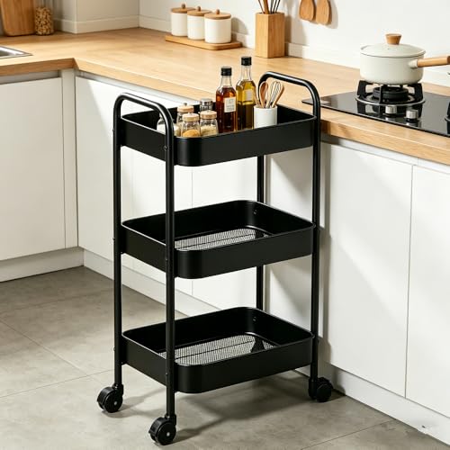 3-Tier Metal Rolling Utility Cart with Handle, Multi-Functional Storage Trolley for Office, Living Room, Kitchen, Movable Storage Organizer with Wheels, Black
