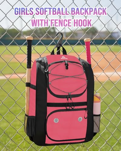 MATEIN Softball Bag, Lightweight Baseball Backpack with Shoe Compartment, Baseball Bag with Fence Hook for TBall Bat & Equipment, Softball Gifts Catchers Backpack for Women Fit Catcher’s Mitt, Helmet - color: Pink Black