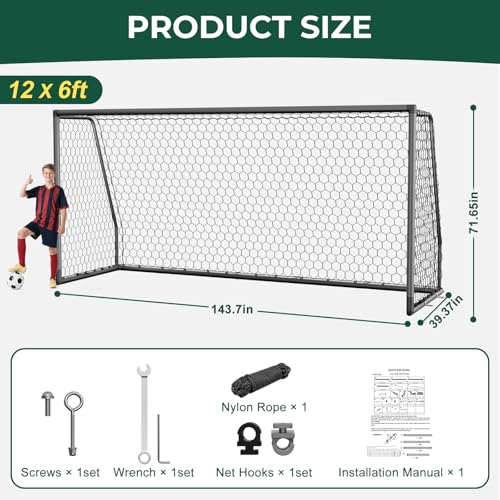 MOPHOTO Soccer Goal, 6X4/8x6/10x6.5/12x6/16x7/18.5x6.5/21x7/24x8ft Soccer Goals for Backyard, Full Size Soccer Goal for Teens & Adults Training - size: 12x6FT, style: Alu-Grey