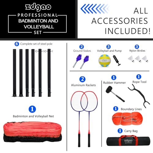 Zdgao Volleyball and Badminton Combo Set for Backyard - 20FT/32FT Volleyball/Badminton Net with Adjustable Height Pole,Anti-Sag System,Volley Ball, Badminton Racquets,Boundary Line and Carry Bag - color: Red & Blue, style: 20FT Volleyball/Badminton Net