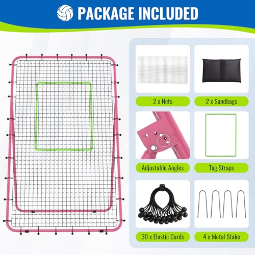 Volleyball Rebounder Net 7x4 FT, 5-Angle Adjustable Bounce Back Net, Steel Frame & PE Training Net for Volleying/Spiking, Rust-Resistant & Durable – w/Travel Bag, 2 NETS - color: Pink + Green