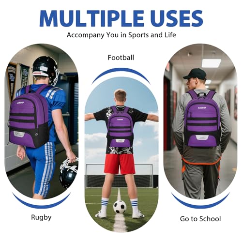 LARIPOP Soccer Backpack with Ball Holder & Shoe Compartment Large Capacity Youth Sports Bag for Training - color: purple