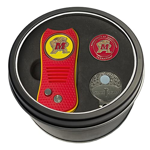 Team Golf NCAA Maryland Terrapins Tin Gift Set with Retractable Divot Tool, Cap Clip, and Ball Marker Gift Set Retractable Divot Tool, Cap Clip, & 2 Double-Sided Enamel Ball Markers, Patented Design, Less Damage to Greens, Retractable Mechanism