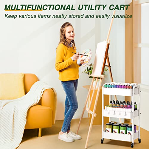 3 Tier Rolling Storage Cart, Metal Trolley Utility Cart with Wheels & Hooks, Easy Assembly Organizer Storage Cart for Bathroom Kitchen Office Bedroom