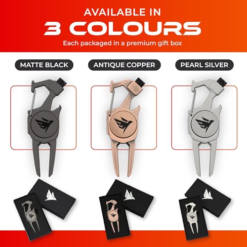 SWIFTEE Golf Divot Pitch Mark Repair Tool 7-in-1 - Club Holder, Brush, Clip Buckle, Groove Cleaner, Bottle Opener, Ball Marker, Divot Tool - Gift Box Included - color: Matte Black