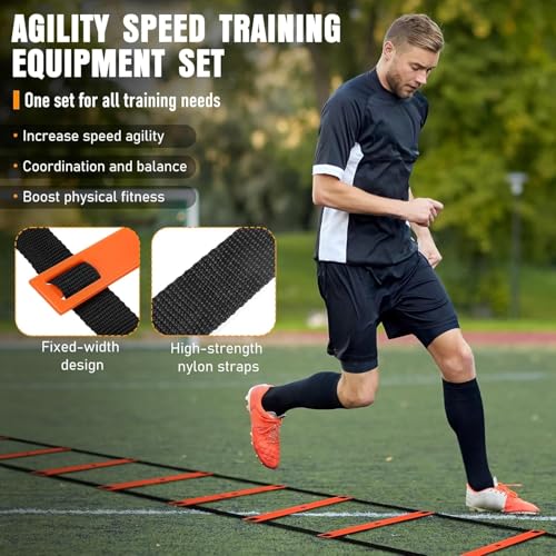 MUROZA Agility Ladder & Soccer Goal Training Set, 20ft Speed Ladder with Cones, Hurdles, Jump Rope & Parachute, Plus 2 Pack Pop Up Kids Soccer Goals with Ball & Cones for Backyard Sports Practice